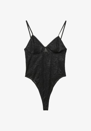 Schwarzer Spitzenbody mit tiefem V-Ausschnitt, verstellbaren Trägern und hohem Beinausschnitt, verziert mit Blumenmustern und gewellten Kanten.