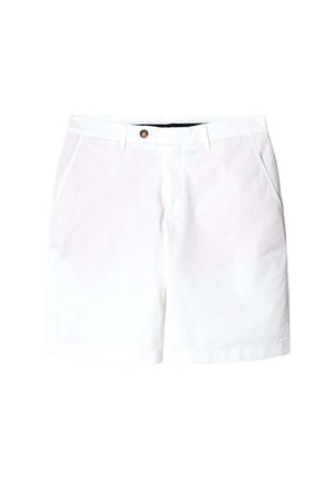 Pantaloni corti bianchi in cotone con chiusura a bottone, tasche frontali e design a piatto. Texture liscia con taglio classico e colore neutro.