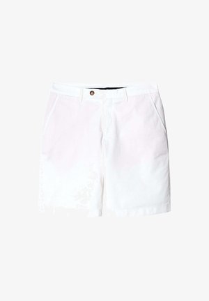 Pantaloni corti bianchi in cotone con chiusura a bottone, tasche frontali e design a piatto. Texture liscia con taglio classico e colore neutro.