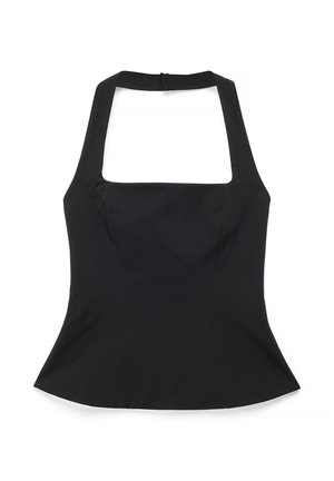 Zwart mouwloos topje met een vierkante halslijn en nauwsluitende taille, voorzien van een rits aan de achterkant.