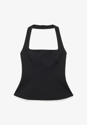 Zwart mouwloos topje met een vierkante halslijn en nauwsluitende taille, voorzien van een rits aan de achterkant.