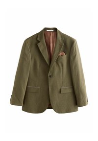 Blazer vert olive pour homme avec revers crantés, fermeture à bouton unique, deux poches à rabat avant, et un pochette marron dans la poche poitrine.