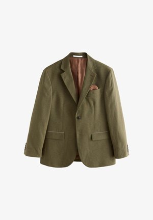 Mężczyzna z ogoloną głową, ubrany w oliwkowo-zielony garnitur, niebieską koszulę, wzorzystym krawatem z złotą przypinką oraz brązową poszetką, na neutralnym tle.