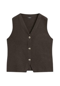Gilet en laine marron avec un col en V et trois boutons argentés, présentant une coupe droite et sans manches. Texture lisse et design minimaliste.