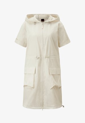 Beige Kapuzenjacke mit kurzen Ärmeln, Frontreißverschluss, zwei großen Fronttaschen, verstellbarem Kordelzug und einem glatten, strukturierten Stoff.