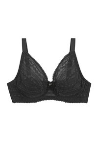 Soutien-gorge en dentelle noire avec armatures, motifs géométriques, bretelles réglables et bords festonnés. Présente un petit accent doré au centre.