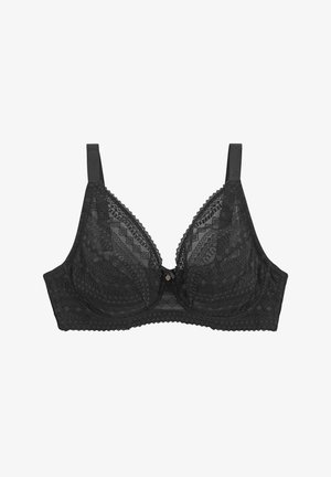 Soutien-gorge en dentelle noire avec armatures, motifs géométriques, bretelles réglables et bords festonnés. Présente un petit accent doré au centre.