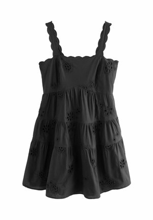 Schwarzes ärmelloses Kleid mit gestuften Design, gewellten Trägern und floralen Lochmustern. Weicher Stoff mit fließender Silhouette.
