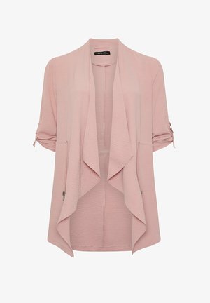 Jasnoróżowy rozpinany kardigan z opuszczanymi klapami, podwiniętymi rękawami przymocowanymi za pomocą pasków oraz przednimi kieszeniami na zamek.