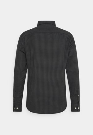 Dunkelgraues Langarmhemd mit dezentem Karomuster, geknöpften Manschetten und klassischem Kragen, von hinten gezeigt.