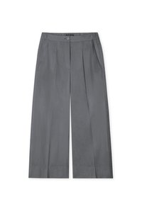 Gray wide-leg trousers with a button closure, pleated front, and side pockets. Made from a smooth fabric with a soft texture.