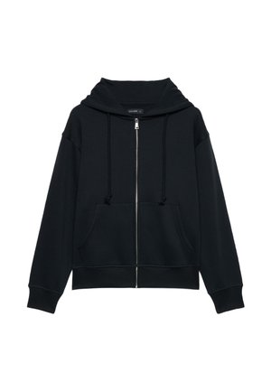 Sweat à capuche zippé noir avec poches avant, capuche à cordon et poignets et ourlet côtelés.