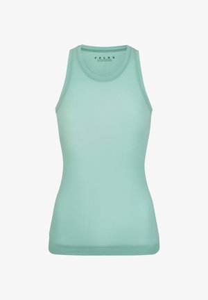 Top sportivo ergonomico verde chiaro senza maniche con scollo rotondo e logo discreto sul petto.