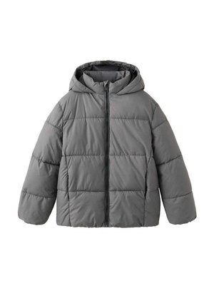 Graue wattierte Kapuzenjacke mit Frontreißverschluss und langen Ärmeln, für kaltes Wetter konzipiert.
