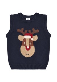 Navy gestrickte Weste mit einem Rentierdesign, das einen roten Hut, braune Geweih und ein strukturiertes Gesicht zeigt, abgerundet mit geripptem Kragen und Saum.