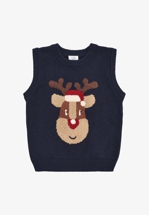 Il gilet lavorato a maglia blu navy presenta un motivo con una renna che indossa un cappello rosso, con corna marroni e una faccia texturizzata, rifinito con un colletto e un orlo a coste.
