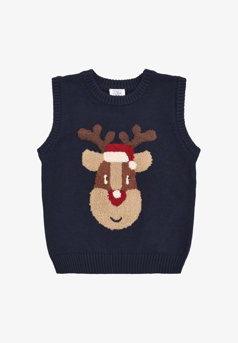 Navy gestrickte Weste mit einem Rentierdesign, das einen roten Hut, braune Geweih und ein strukturiertes Gesicht zeigt, abgerundet mit geripptem Kragen und Saum.