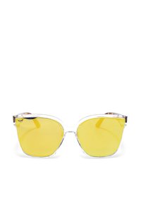 Clear frame sunglasses with yellow lenses, geometric shape, and tortoiseshell pattern on the temples. No visible branding or logos.