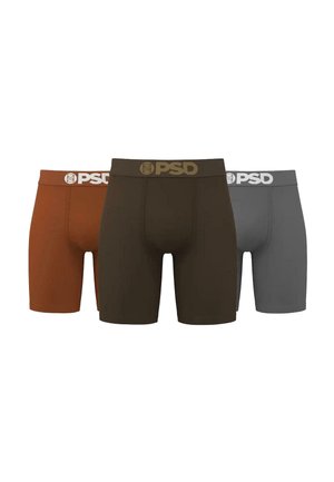 Three pairs of PSD boxer briefs in rust, dark brown, and gray colors, displayed side by side on a white background.