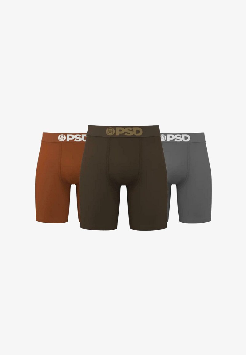 Tre par af PSD boxer briefs i farverne rust, mørkebrun og grå, vist side om side på en hvid baggrund.