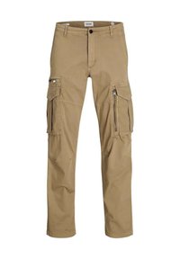 Pantalons cargo khaki avec plusieurs poches, une poche latérale zippée et une coupe droite. Fabriqué en tissu robuste avec une texture lisse.