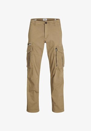 Khaki cargobroek met meerdere zakken, een ritszak aan de zijkant en een recht model. Gemaakt van stevig materiaal met een gladde textuur.