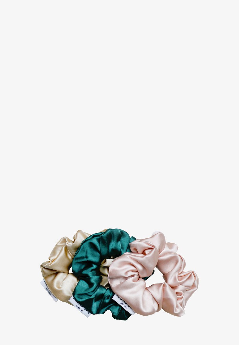MONPURE 100% MULBERRY SILK SCRUNCHIE TRIO (GREEN, PINK, CHAMPAGNE) WITH - Hårkam