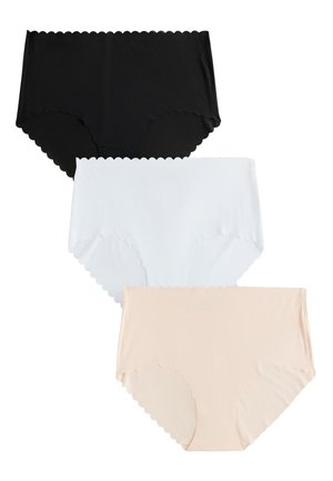 Tre sømløse dameunderbukser i sort, hvid og beige med bølgede kanter, arrangeret vertikalt på en hvid baggrund.