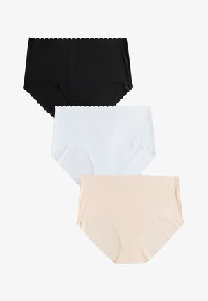 Tre sømløse dameunderbukser i sort, hvid og beige med bølgede kanter, arrangeret vertikalt på en hvid baggrund.