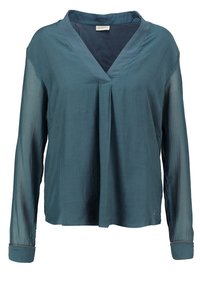 Blusa turchese con maniche lunghe e trasparenti, design a V, e parte anteriore plissettata. Presenta una texture uniforme e sottili dettagli argento ai polsini.