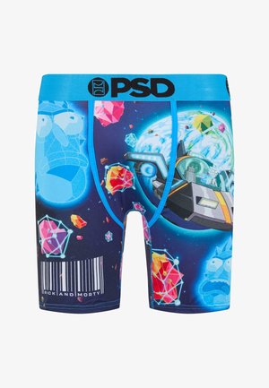 Boxer briefs da uomo con un design a tema spaziale scuro. Vita elastica blu con il logo "PSD", grafiche colorate di cristalli e elementi dei cartoni animati.