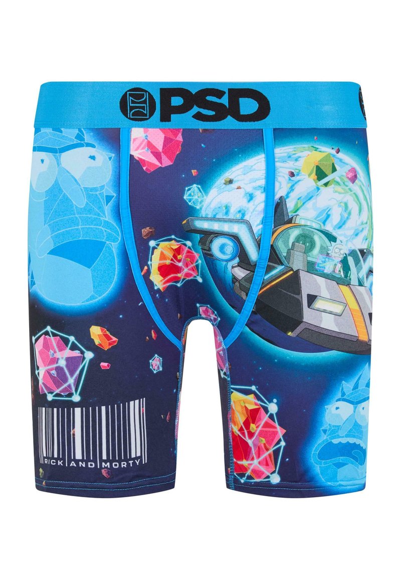 Miestne boxerky s tmavým dizajnom inšpirovaným vesmírom. Modrý elastický pás s logom "PSD", farebné grafiky kryštálov a kreslených prvkov.