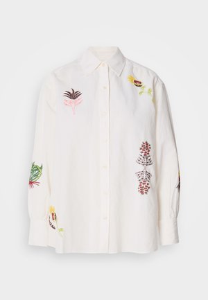 Weißes Hemd mit Knopfleiste und langen Ärmeln, das auf Vorderseite und Ärmeln bunte Blumenstickereien in Rosa, Grün, Gelb und Rot aufweist.