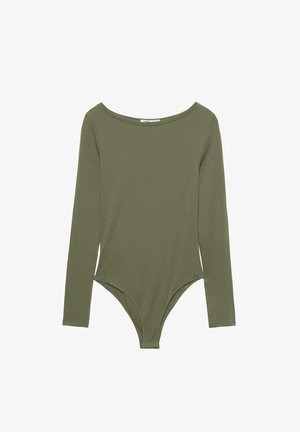 Bodysuit s dugim rukavima u maslinasto zelenoj boji s okruglim izrezom, napravljen od mekog materijala, s prilagođenim krojem i gaćicama u obliku tankih traka na dnu.