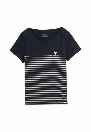 Granatowa koszulka z białymi poziomymi paskami, okrągłym dekoltem, krótkimi rękawami i małym logo serca z napisem "TOM TAILOR" na przodzie.