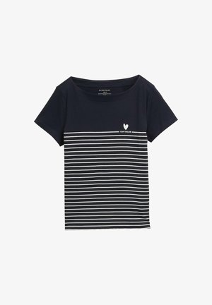 Granatowa koszulka z białymi poziomymi paskami, okrągłym dekoltem, krótkimi rękawami i małym logo serca z napisem "TOM TAILOR" na przodzie.