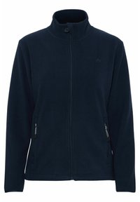 Giacca in pile blu navy con colletto stand, full zipper e due tasche laterali. Texture liscia con un design leggero.