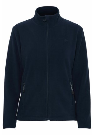 Navy blue fleece jacket with a stand collar, full zipper, and two side pockets. Smooth texture with a lightweight design.