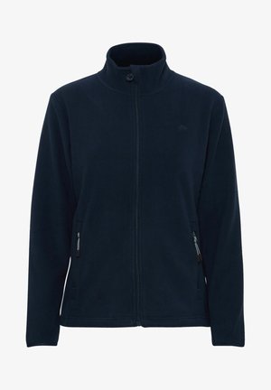 Marineblauwe fleece jas met een staande kraag, volledige rits en twee zijzakken. Glad textuur met een lichtgewicht ontwerp.