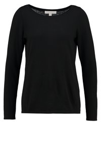 Schwarzes Langarmshirt aus einem weichen Material mit rundem Ausschnitt und einem einfachen, klassischen Design. Es hat eine einfarbige Optik ohne Muster.