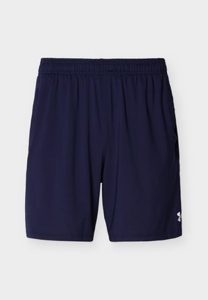 Tumši zili sporta šorti ar elastīgu jostu un mazu baltu logo uz apakšējās labās kājas.