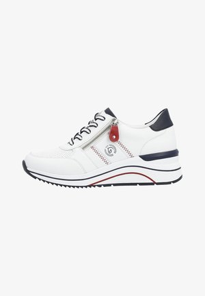 White leather sneaker with black accents, textured surface, rear zipper, and red hardware. Features a thick, multi-layered sole with grooves.