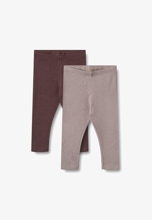 Ensemble de deux paires de leggings, une bordeaux et une beige clair. Les deux présentent une texture côtelée et une taille élastique. Sans motifs ni accents.