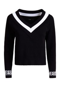 Schwarzer Pullover mit tiefem V-Ausschnitt, mit weißen Streifen am Ausschnitt und GUESS-Logo an den Bündchen. Weiches Strickmaterial, figurbetonter Schnitt.