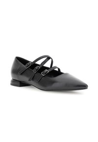 Schwarze Leder-Ballettschuhe besitzen eine spitz zulaufende Zehenpartie, einen niedrigen Blockabsatz und drei verstellbare Riemen mit Schnallen über dem Spann.