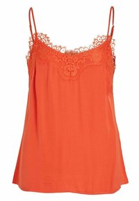 Orange camisole i mjukt tyg, med spetsdetaljer runt halsringningen och tunna justerbara axelband för en avslappnad passform.