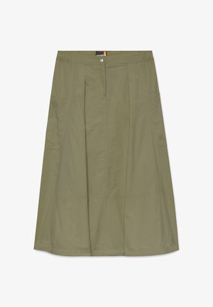 Olivengrøn a-formet nederdel med knapper og lynlås foran, elastisk taljebånd og påsyede lommer på begge sider.