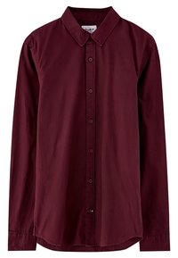 Bordeaux kleurige lange mouwen overhemd met knopen en een kraag, met een rechte snit, soepele textuur en zes knopen aan de voorkant.