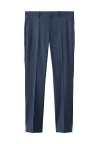 Granatowe, męskie spodnie na miarę z szlufkami na pasek, przednimi kieszeniami i prostym krojem nogawek.