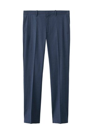 Navy blue tailored men's trousers with belt loops, front pockets, and a straight-leg fit.